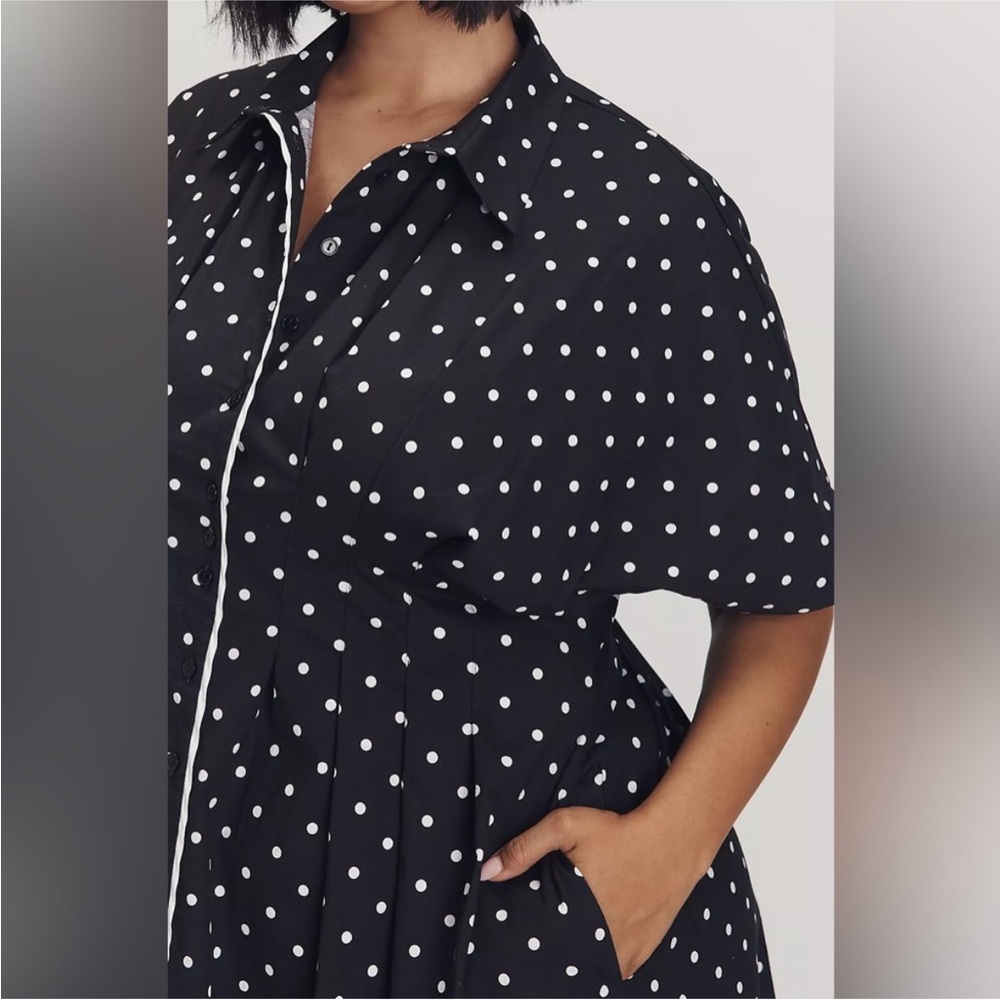 Anthropologie Black Polka Dot Midi Dress with White Trim - Picture 7 of 10